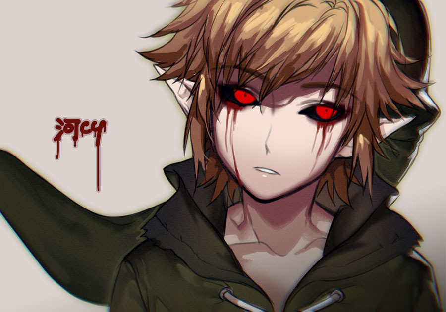 1boy artist_name ben_drowned black_sclera blonde_hair blood blood_on_face bloody_tears colored_sclera creepypasta green_jacket holding hood hooded_jacket jacket kawacy looking_at_viewer nintendo pointy_ears quick_sketch red_eyes solo the_legend_of_zelda the_legend_of_zelda:_majora&#039;s_mask tunic