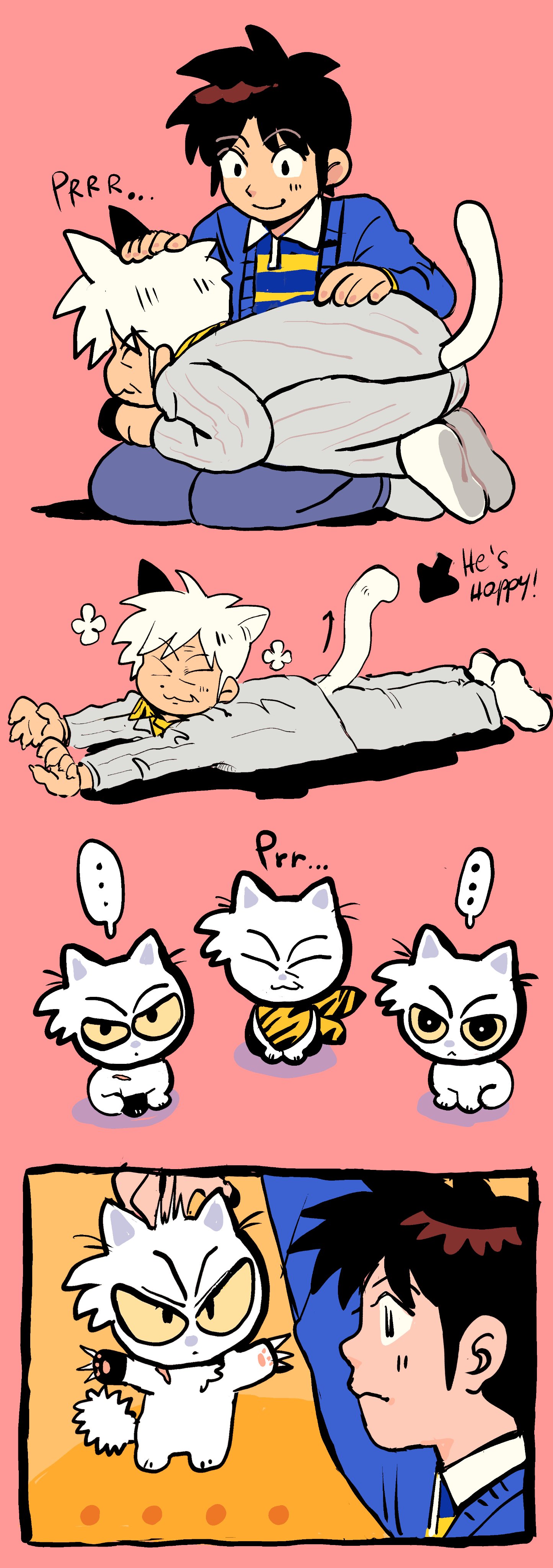 ... 2boys absurdres akagi_shigeru animal_ears animal_print animalization black_hair blue_cardigan blue_pants blue_shirt cardigan cat_boy cat_ears cat_tail closed_mouth commentary english_commentary fukumoto_mahjong full_body highres igawa_hiroyuki male_focus multiple_boys old old_man pants pink_background print_shirt shirt short_hair simple_background smile socks spoken_ellipsis stretching striped_clothes striped_shirt tail ten_(manga) tiger_print tzk6996 white_hair white_socks yellow_shirt