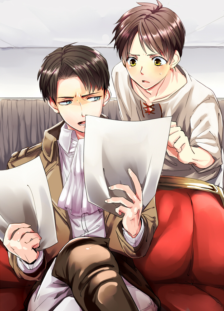 2boys a1ri boots brown_hair couch ascot eren_yeager holding crossed_legs levi_(shingeki_no_kyojin) male_focus multiple_boys paper reading red_upholstery shingeki_no_kyojin sitting sweatdrop talking