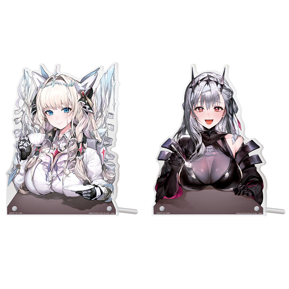 2girls black_crown black_tiara blonde_hair blue_eyes crown crown_(nikke) cup goddess_of_victory:_nikke grey_hair holding holding_cup modernia_(nikke) modernia_(second_affection)_(nikke) multiple_girls official_art simple_background spoon tea teacup tiara upper_body white_background