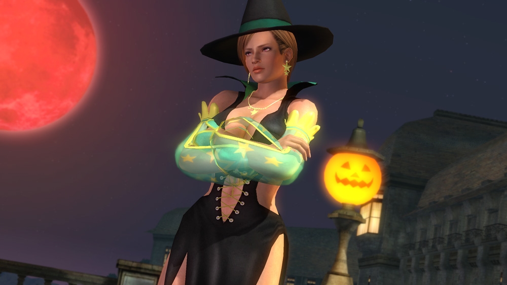 1girl 3d breasts brown_hair crossed_arms dark_skin dead_or_alive dead_or_alive_5 halloween hat large_breasts lisa_hamilton moon night official_art tecmo witch witch_hat