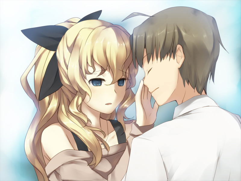 1boy 1girl ahoge artist_request black_bow black_bowtie black_ribbon blind blonde_hair blue_eyes bow bowtie brown_hair closed_eyes closed_mouth collared_shirt eyelashes game_cg hair_ribbon hand_on_another&#039;s_face katawa_shoujo long_hair long_sleeves nakai_hisao non-web_source official_art open_mouth ponytail ribbon satou_lilly shirt white_shirt