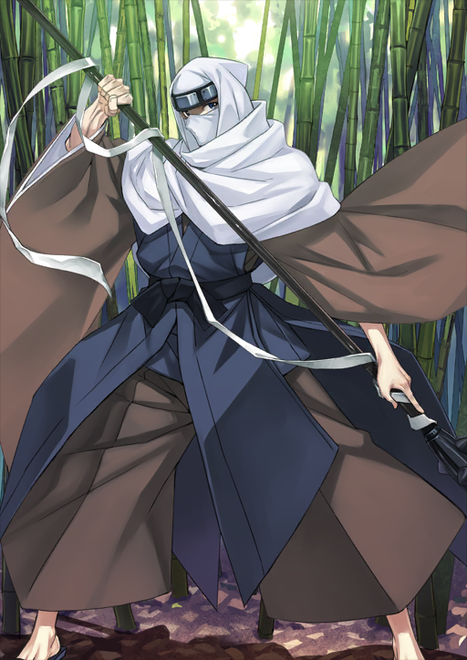 1boy bamboo bamboo_forest black_sandals black_sash blue_eyes brown_kimono brown_pants covered_mouth fate/grand_order fate_(series) feet_out_of_frame fighting_stance forehead_protector forest holding holding_polearm holding_weapon hood hood_up houzouin_inshun_(fate) japanese_clothes kimono legs_apart long_sleeves looking_at_viewer male_focus matsuryuu nature no_socks official_art pants polearm sandals sash solo spear standing third-party_source variant_set weapon white_hood wide_sleeves