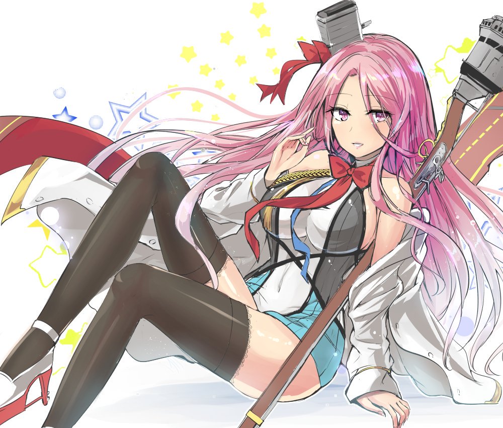 1girl azur_lane bare_shoulders blush breasts commentary_request dress gloves hair_between_eyes hair_ornament large_breasts lexington_(azur_lane) long_hair looking_at_viewer open_mouth pink_hair purple_eyes ribbon smile solo thighhighs y2