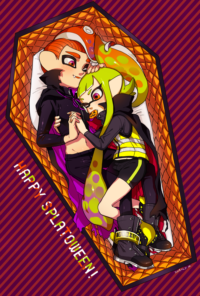 agent_3_(splatoon) agent_8_(splatoon) arm_around_waist bike_shorts black_cape black_footwear black_pants black_shirt black_shorts blunt_bangs cape coffin commentary cookie dated diagonal_stripes english_text fang food food_in_mouth gradient_hair green_hair hand_on_another&#039;s_head hetero holding_hands inkling inkling_(language) inkling_girl inkling_player_character interlocked_fingers jack-o&#039;-lantern_print long_hair long_sleeves looking_at_another lying matching_outfits midriff mohawk mouth_hold multicolored_hair navel nintendo octoling octoling_boy octoling_player_character on_side one_eye_closed pants parted_lips pointy_ears purple_cape red_cape red_eyes red_hair shirt shoes shorts single_vertical_stripe smile splatoon_(series) splatoon_1 splatoon_2 splatoon_2:_octo_expansion squidbeak_splatoon striped_background suction_cups symbol-only_commentary tentacle_hair two-sided_cape two-sided_fabric very_long_hair vest yellow_shoes yellow_vest yeneny zipper