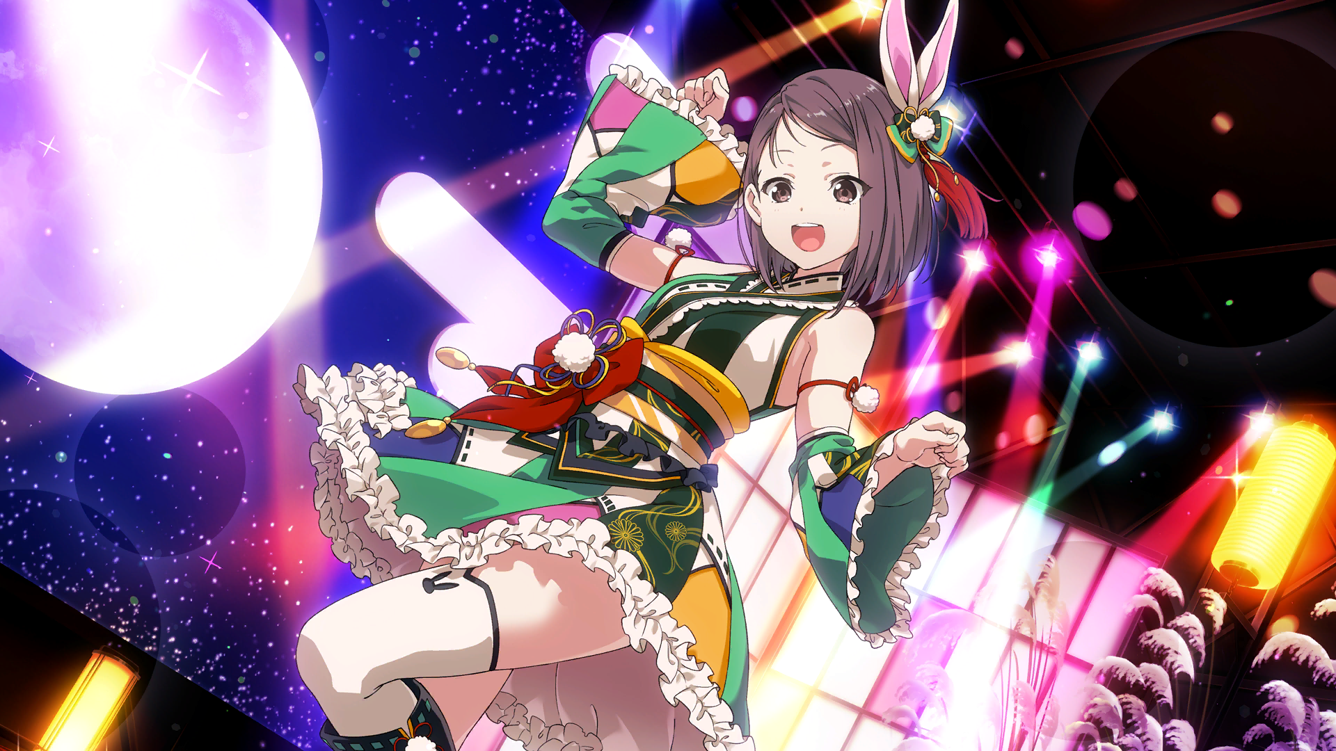 1girl 22/7 22/7_ongaku_no_jikan animal_ears blurry concert depth_of_field detached_sleeves dress dutch_angle fake_animal_ears frilled_dress frills full_moon game_cg grey_eyes grey_hair hair_ornament highres hiiragi_tsubomi idol idol_clothes leg_up lens_flare medium_hair moon multicolored_dress non-web_source official_art open_mouth paw_pose rabbit_ears single_sidelock smile solo sparkle stage_lights standing standing_on_one_leg susuki_grass teeth thighhighs upper_teeth_only