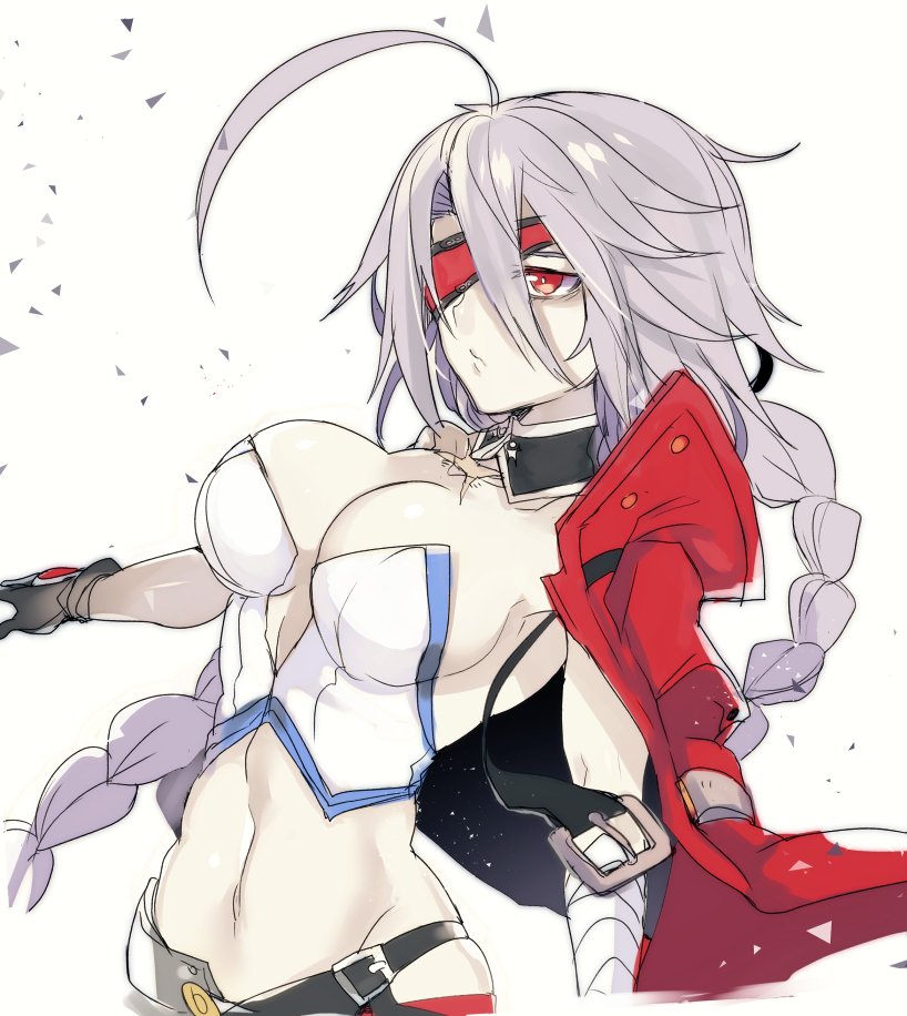 1girl ahoge bandaged_arm bandages belt blazblue blazblue_alternative:_dark_war braid breasts cleavage coat eyepatch gloves large_breasts midriff navel necktie nu-13 red_coat red_eyes scar short_hair simple_background tagme uzukinoko white_background white_hair