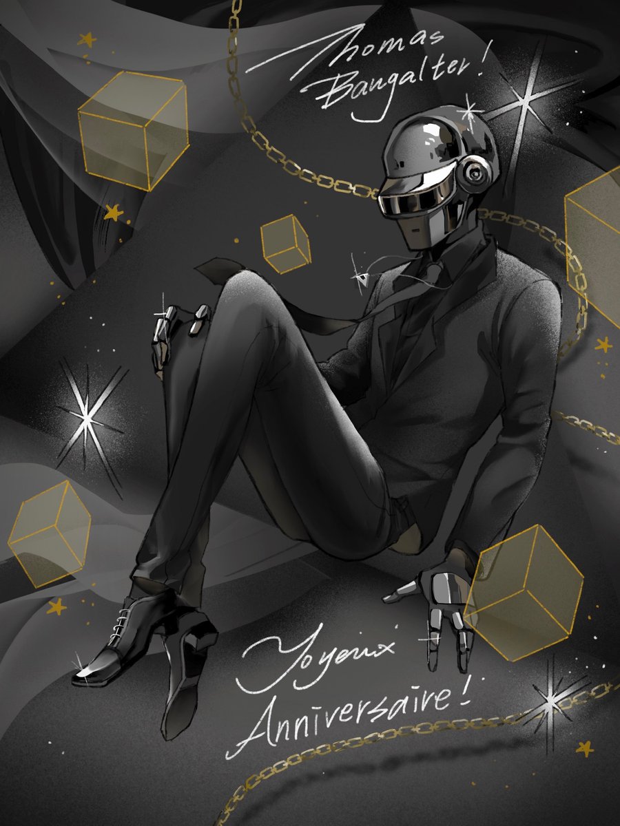 1boy 63crane_tw black_background black_footwear black_jacket black_necktie black_pants black_theme chain commentary_request cube daft_punk dress_shirt dress_shoes formal_clothes french_text glint helmet highres jacket jewelry legs_together male_focus necklace necktie pants real_life shiny_footwear shirt solo sparkle star_(symbol) suit suit_jacket thomas_bangalter translated wing_collar