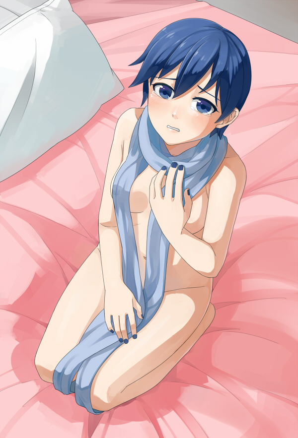 blue_eyes blue_hair blush completely_nude covering_privates hair_between_eyes kaiko_(vocaloid) non-web_source nude nude_cover vocaloid