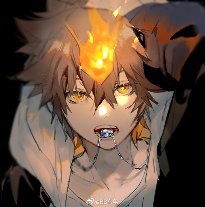 1boy arm_up artist_name black_background bokyo brown_hair collarbone fire hair_between_eyes hood hood_down hoodie jacket jewelry katekyo_hitman_reborn! long_sleeves looking_at_viewer male_focus mouth_hold necklace open_mouth portrait sawada_tsunayoshi shirt short_hair simple_background solo teeth upper_body watermark weibo_watermark white_shirt yellow_eyes