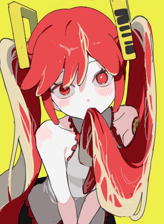 1girl alternate_color alternate_eye_color alternate_hair_color bare_shoulders black_skirt borrowed_design food food-themed_hair food_in_mouth grey_shirt hair_in_own_mouth hatsune_miku korean_commentary looking_at_viewer marry_me_s2 meat mouth_hold multicolored_hair niku_miku_(nankai) red_eyes red_hair shirt simple_background skirt sleeveless sleeveless_shirt solo streaked_hair v_arms vocaloid yellow_background