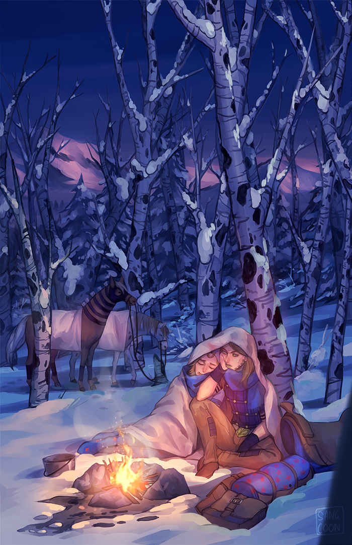 2boys animal artist_name bag birch_tree blanket blonde_hair brown_hair bucket campfire facial_hair fire forest green_lips gyro_zeppeli head_rest headrest horse horseshoe johnny_joestar jojo_no_kimyou_na_bouken lipstick long_hair makeup male_focus md5_mismatch mountain multiple_boys nature night outdoors reins resized resolution_mismatch saddle sangcoon signature sitting sky sleeping sleeping_bag snow source_larger star_(symbol) star_print steel_ball_run tree winter