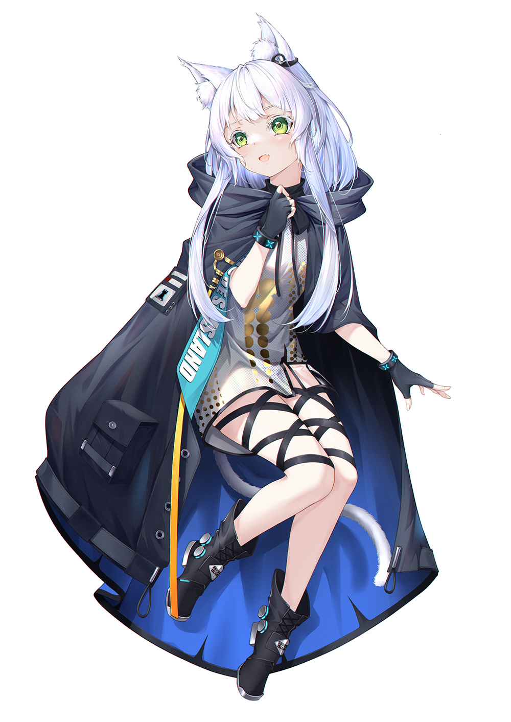 1girl :d animal_ear_fluff animal_ears arknights black_boots black_cloak black_gloves boots cat_ears cat_girl cat_tail cloak colored_eyelashes commentary_request commission dress fang fingerless_gloves full_body ge_zhong_kuaile gloves green_eyes hand_up highres hood hood_down hooded_cloak long_hair looking_at_viewer open_mouth pixiv_commission rosmontis_(arknights) simple_background smile solo tail very_long_hair white_background white_dress white_hair
