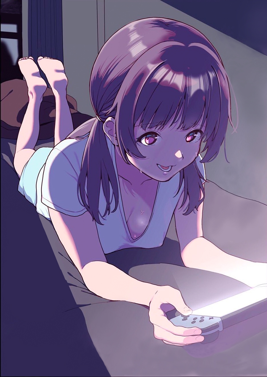 1girl barefoot bed_sheet blue_shorts breasts brown_hair cleavage collarbone console controller covered_erect_nipples dark_room downblouse feet feet_up female_focus gaming highres indoors legs long_hair looking_at_viewer lower_teeth_only lying medium_breasts night nintendo_switch covered_erect_nipples no_bra no_footwear no_legwear no_shoes no_socks on_bed on_stomach open_mouth pig_tail playing playing_games shirt short_sleeves shorts sidelocks smile soles solo sweat sweatdrop tail teeth the_pose toes white_shirt window