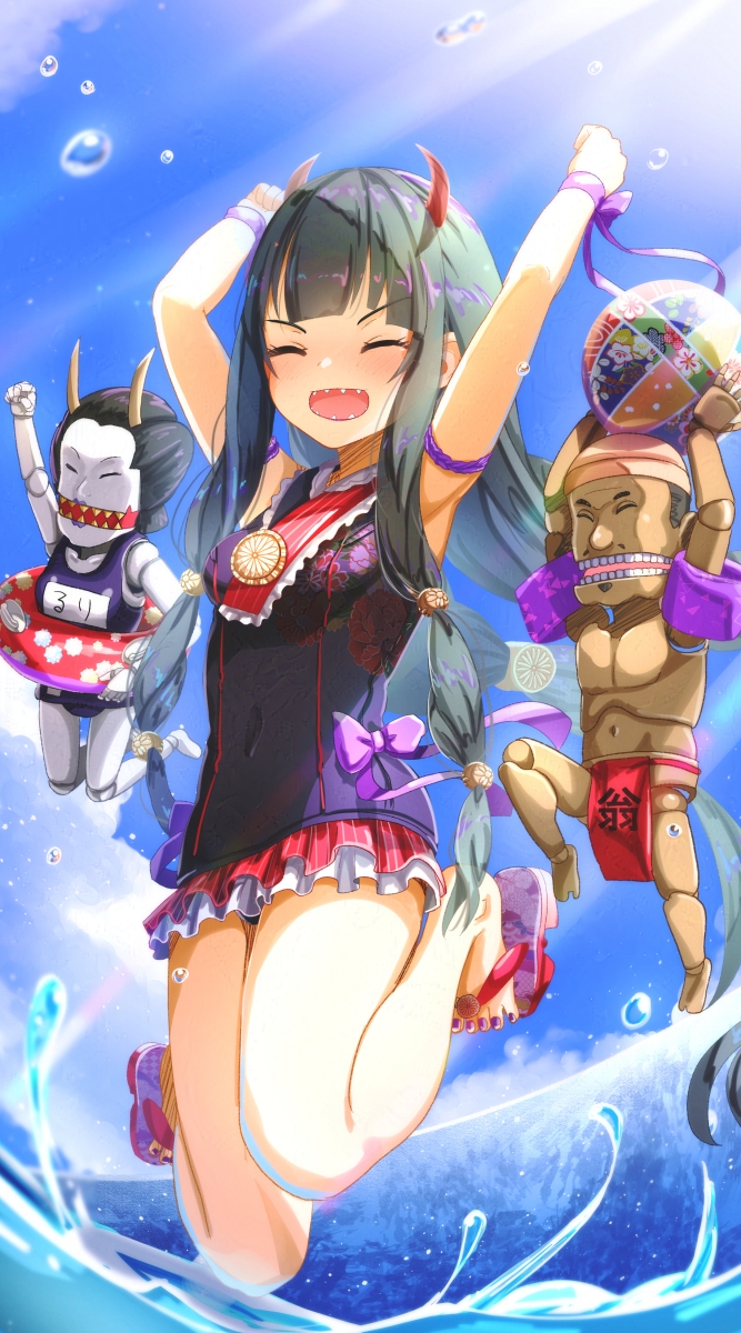 1girl aiuabo arm_strap arms_up ball beachball black_hair blue_sky blush bow bow_swimsuit breasts clenched_hands closed_eyes commentary_request covered_navel demon_girl demon_horns doll floral_print frilled_one-piece_swimsuit frills full_body geta highres holding holding_ball holding_beachball horns jumping long_hair nail_polish no_socks one-piece_swimsuit open_mouth original outdoors print_swimsuit purple_bow purple_nails purple_one-piece_swimsuit purple_ribbon quad_tails red_footwear red_horns ribbon sharp_teeth sky smile solo swimsuit swimsuit_skirt teeth toenail_polish toenails v-shaped_eyebrows wrist_ribbon