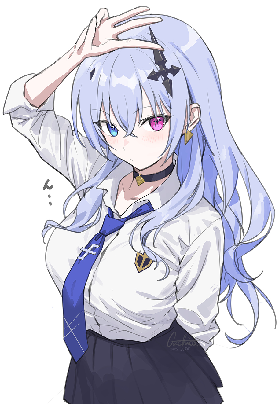 1girl black_skirt blue_hair blue_necktie blush breasts choker closed_mouth collared_shirt cowboy_shot cross dress_shirt earrings guchico hair_ornament hand_up heterochromia highres inverted_cross jewelry large_breasts long_hair long_sleeves looking_at_viewer necktie neo-porte pink_eyes pleated_skirt shirt skirt sleeves_rolled_up solo tentei_forte tentei_forte_(2nd_costume) tie_clip triangle_earrings virtual_youtuber w white_background white_shirt