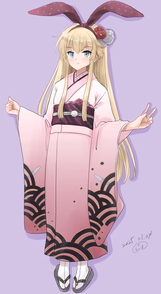 1girl blonde_hair blue_eyes flower full_body hair_flower hair_ornament hairband haregi japanese_clothes kantai_collection kimono kitagawa_mikio long_hair long_sleeves okobo pink_hairband pink_kimono platform_sandals purple_background sandals shimakaze_(kancolle) shimakaze_(new_year)_(kancolle) sidelocks simple_background smile socks solo tabi v white_socks