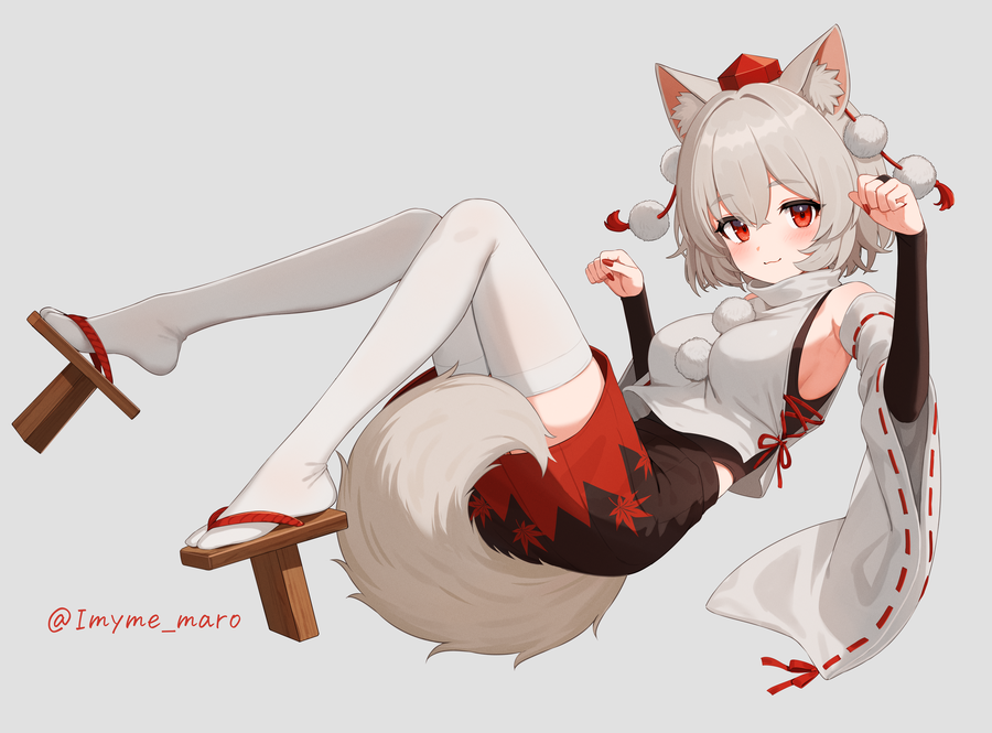 1girl animal_ears black_skirt breasts commentary_request detached_sleeves full_body grey_background grey_hair hat inubashiri_momiji looking_at_viewer marota medium_breasts red_eyes red_hat short_hair skirt solo tabi tail thighhighs tokin_hat touhou twitter_username white_sleeves white_thighhighs wide_sleeves wolf_ears wolf_girl wolf_tail