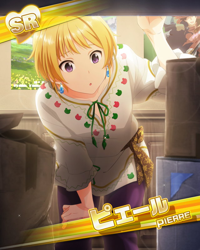 1boy blonde_hair box card_(medium) earrings idolmaster idolmaster_side-m jewelry male_focus official_art pants pierre_bichelberger poster_(object) purple_eyes purple_pants shirt solo