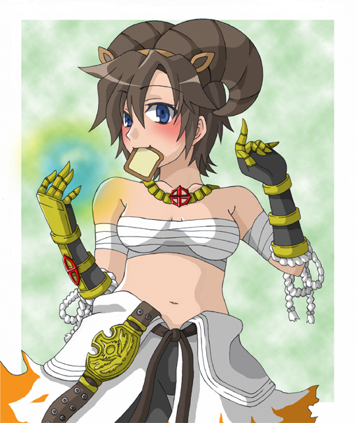 1girl belt black_gloves blue_eyes blush bread bread_slice breasts brown_hair brown_horns championship_belt chest_sarashi clothes_around_waist commentary_request cowboy_shot cross cross_necklace cross_of_prontera curled_horns fake_horns food food_in_mouth gauntlets gloves green_background horns jewelry looking_at_viewer medium_breasts monou0135 mouth_hold necklace ragnarok_online sarashi shirt shirt_around_waist short_hair solo sura_(ragnarok_online) toast toast_in_mouth white_background white_shirt