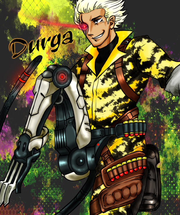 ammunition cybernetic durga_(max_anarchy) glowing glowing_eye jacket max_anarchy robotics tail white_hair