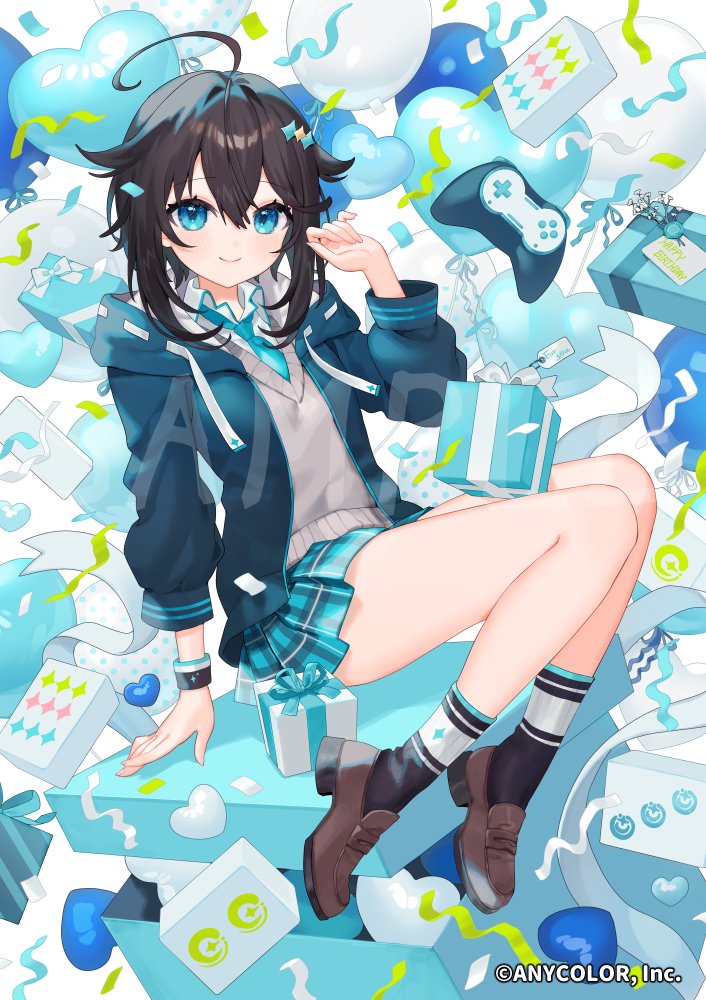 1girl ahoge balloon black_hair black_socks blue_eyes blue_hoodie blue_necktie blue_skirt blue_theme box brown_shoes closed_mouth commentary_request confetti controller copyright_notice full_body game_controller gift gift_box grey_sweater_vest hair_between_eyes hair_flaps hair_ornament heart heart_balloon hood hoodie looking_at_viewer necktie nijisanji official_art open_clothes open_hoodie plaid_clothes plaid_skirt pleated_skirt saku_nosuke sample_watermark shirt shoes short_hair short_hair_with_long_locks sitting skirt smile socks solo sorahoshi_kirame sorahoshi_kirame_(1st_costume) streamers sweater_vest virtual_youtuber watermark white_background white_shirt