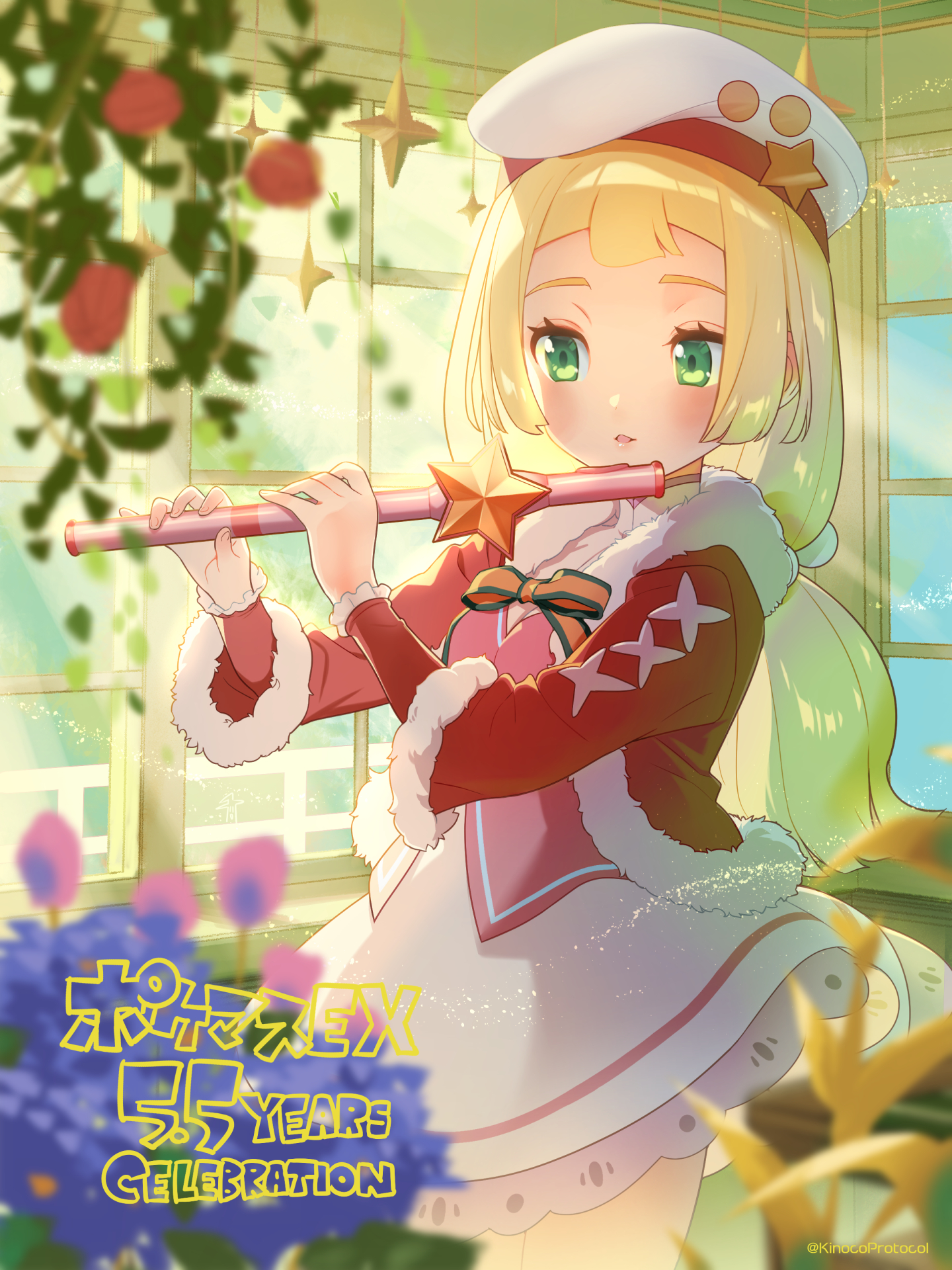 blonde_hair flute green_eyes highres instrument kinocopro lillie_(holiday_2024)_(pokemon) lillie_(pokemon) nintendo official_alternate_costume pokemon pokemon_masters_ex solo