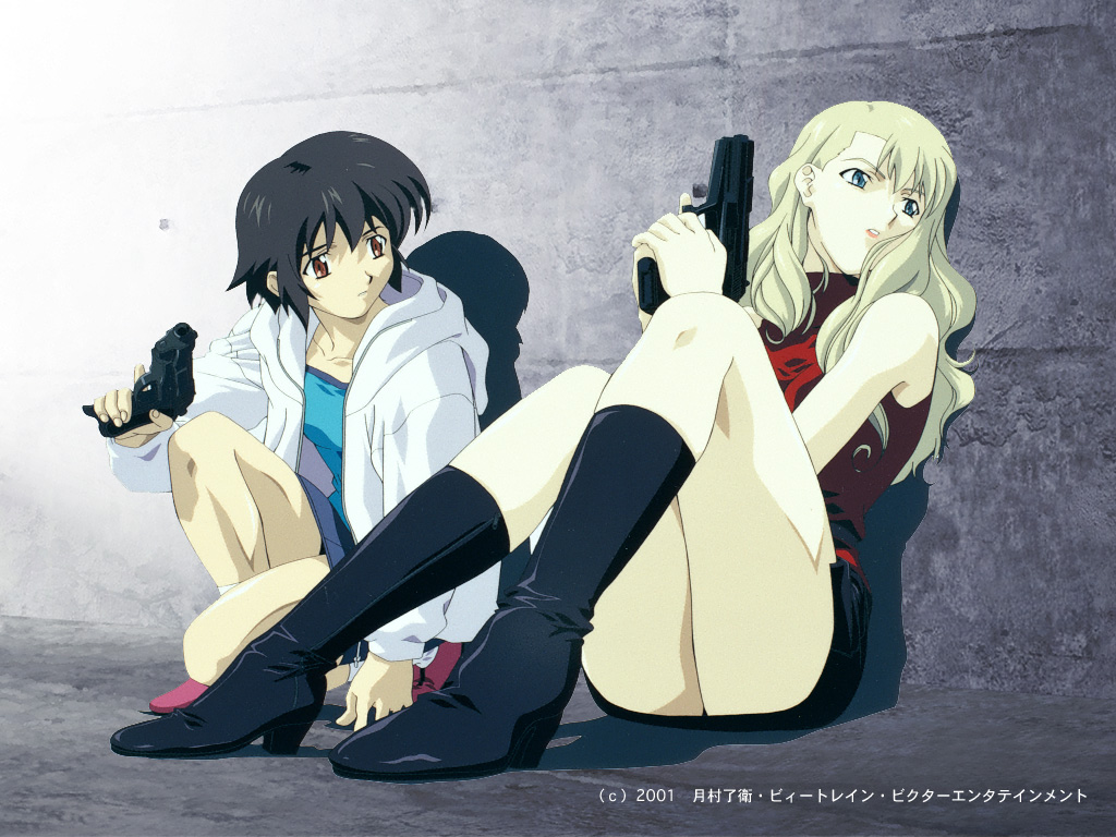 00s 2girls beretta_m1934 black_hair blonde_hair blue_eyes boots brown_eyes feet gun handgun jacket legs long_hair looking_away mireille_bouquet multiple_girls noir_(anime) official_art official_wallpaper parka pistol red_eyes serious shadow shoes short_hair sitting skirt sleeveless sleeveless_turtleneck socks tank_top thighs turtleneck weapon yuumura_kirika