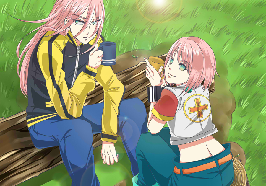 00s 1boy 1girl beauty_(bobobo-bo_bo-bobo) bobobo-bo_bo-bobo brother_and_sister crop_top cup green_eyes humanization jacket lens_flare log long_hair miki_(moryu) mug no_mask pink_hair siblings sitting smile softon_(bobobo-bo_bo-bobo) track_jacket wrist_cuffs