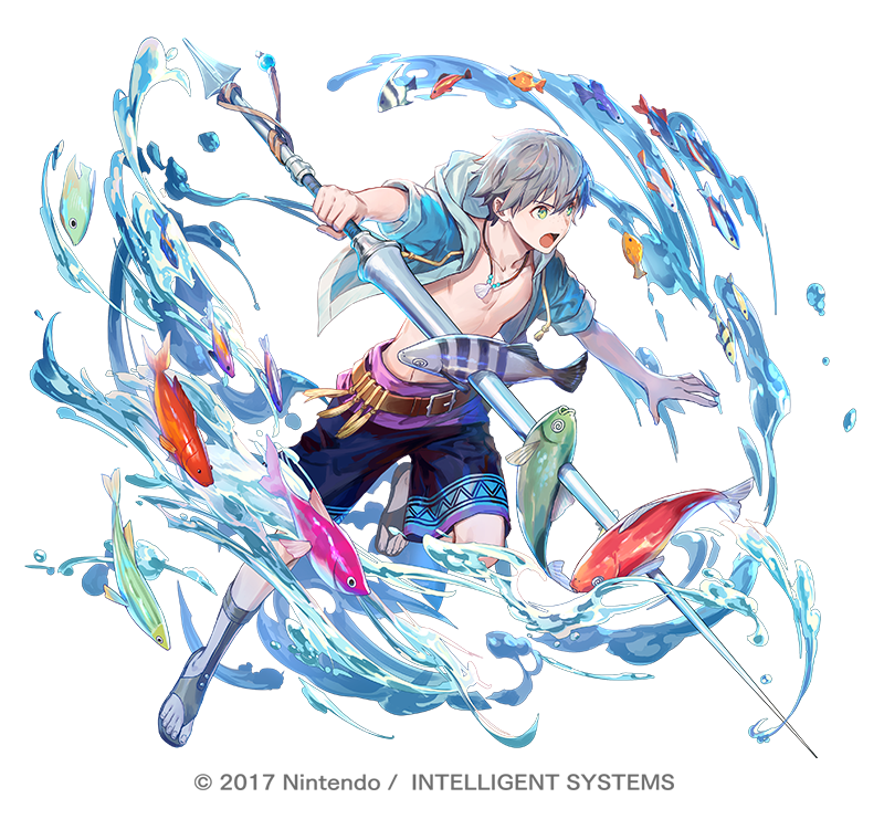 1boy ashe_ubert ashe_ubert_(summer) azu-taro basket belt blue_jacket copyright_notice fire_emblem fire_emblem:_three_houses fire_emblem_heroes fish full_body green_eyes grey_hair hand_on_own_hip holding holding_polearm holding_weapon hood hooded_jacket jacket jewelry looking_at_viewer male_focus male_swimwear necklace nintendo official_alternate_costume official_art open_clothes open_jacket open_mouth polearm sandals serious shell shell_necklace short_hair short_sleeves simple_background solo standing swim_trunks water weapon white_background