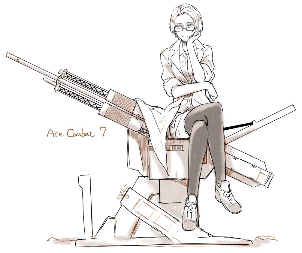 1girl ace_combat ace_combat_7:_skies_unknown cannon coat commentary commentary_request copyright_name crossed_legs deanna_mconie full_body glasses looking_to_the_side magnetic_weapon mimura_tokusa pantyhose railgun shoes simple_background sitting smile sneakers solo stonehenge_(ace_combat) stonehenge_turret_network weapon