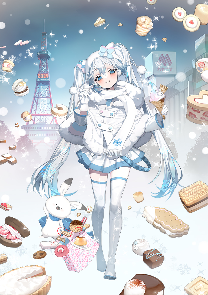 1girl 2024 animal bag blue_bow blue_eyes blue_hair blue_necktie blue_scarf blue_trim boots bow building cake character-themed_food cheese chocolate clock coat colored_tips commentary_request cookie copyright_notice cracker cream cupcake dessert digital_clock eating food food_request fruit full_body full_mouth fur-trimmed_coat fur_trim gloves hand_up hatsune_miku head_tilt heart heart-shaped_food holding holding_ice_cream_cone holding_spoon ice_cream ice_cream_cone ice_cream_spoon karo_(karohroka) lanyard light_blush logo long_hair looking_at_viewer miniskirt multicolored_hair necktie official_art pie pie_slice pleated_skirt pom_pom_(clothes) pudding rabbit rabbit_yukine sapporo_(city) sapporo_tv_tower scarf second-party_source seven-segment_display shiny_clothes shopping_bag skirt snowflake_print snowflakes solo sparkle spoon standing strawberry strawberry_slice swiss_roll thigh_boots thighhighs tower tree twintails very_long_hair vocaloid waffle waffle_cone walking white_coat white_gloves white_hair white_headwear white_scarf white_skirt white_thighhighs yuki_miku yuki_miku_(2011) zettai_ryouiki