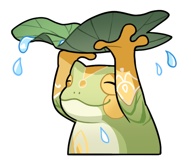 animal_focus artist_request blush_stickers closed_mouth croaker_(infinity_nikki) cropped_torso frog holding holding_plant infinity_nikki leaf_umbrella lily_pad nikki_(series) no_humans official_art plant smile transparent_background water_drop