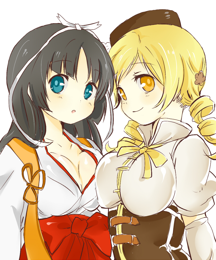 10s 2girls asymmetrical_docking black_hair blonde_hair blue_eyes breast_press breasts cleavage corset crossover hair_ornament hair_ribbon hidan_no_aria hotogi_shirayuki japanese_clothes large_breasts long_hair magical_girl mahou_shoujo_madoka_magica mahou_shoujo_madoka_magica_(anime) miko multiple_girls nori_senbei ribbon saimoe smile symmetrical_docking tomoe_mami tomoe_mami_(magical_girl) yellow_eyes