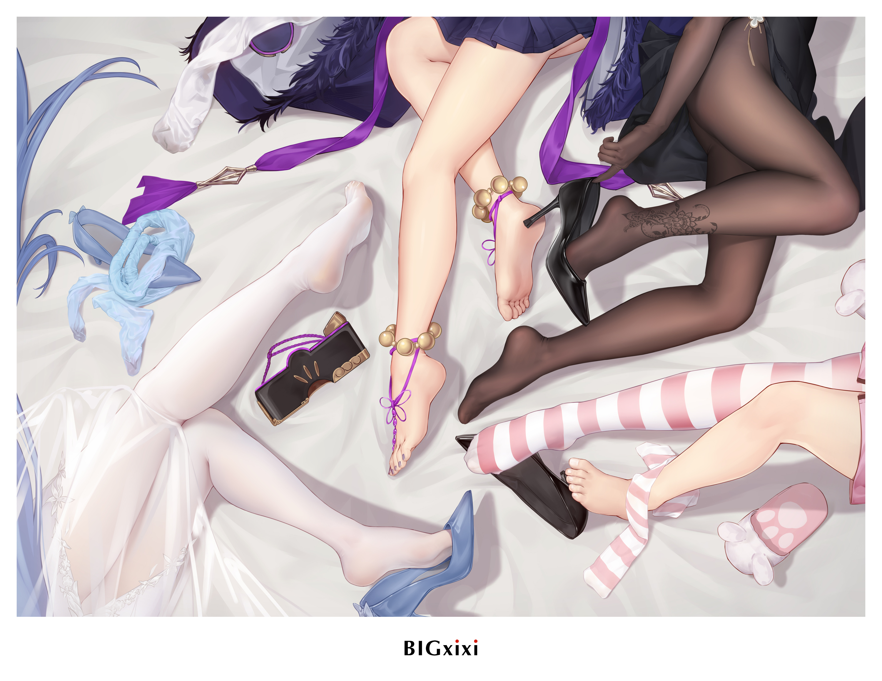 4girls animal_slippers artist_name azur_lane bare_legs barefoot barefoot_sandals_(jewelry) bigxixi black_footwear blue_footwear character_request chen_hai_(azur_lane) chen_hai_(vestibule_of_wonders)_(azur_lane) elbow_gloves feet foot_focus gloves high_heels highres laffey_(azur_lane) laffey_(sleep_to_clean_another_day)_(azur_lane) legs lower_body lying multiple_girls musashi_(azur_lane) nail_polish new_jersey_(azur_lane) new_jersey_(snow-white_ceremony)_(azur_lane) no_shoes pantyhose paw_print pumps sandals see-through_clothes shoes single_shoe single_thighhigh slippers soles stiletto_heels striped_clothes striped_thighhighs thighhighs toenail_polish toenails toes unworn_sandals unworn_slippers unworn_thighhighs white_pantyhose
