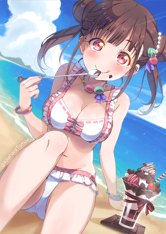 1girl :q beach bikini blush unworn_bracelet breasts brown_hair chocolate chocolate_chip chocolate_syrup double_bun dutch_angle eating food food-themed_hair_ornament food-themed_necklace food_on_face frilled_bikini frills fruit groin hair_bun hair_ornament horizon ice_cream ice_cream_spoon idolmaster idolmaster_shiny_colors kitahara_tomoe_(kitahara_koubou) large_breasts looking_at_viewer macaron macaron_hair_ornament medium_hair nail_polish outdoors red_eyes sitting solo sonoda_chiyoko spoon strawberry sundae swimsuit tongue tongue_out twintails twitter_username water