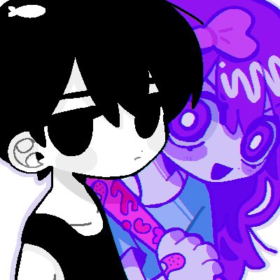 1boy 1girl :d aubrey_(headspace)_(omori) aubrey_(omori) bandaid bandaid_on_hand bare_shoulders baseball_bat black_eyes black_hair black_tank_top blue_shirt bow bright_pupils closed_mouth collarbone colored_skin dot_nose empty_eyes frown hair_behind_ear hair_bow hand_up hashtag-only_commentary holding holding_baseball_bat kobanzame_omo looking_at_viewer lowres no_pupils omori omori_(omori) open_mouth outline purple_bow purple_eyes purple_outline shirt short_sleeves simple_background smile tank_top white_background white_pupils white_skin