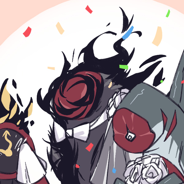 1other bouquet bow bowtie clock confetti crying dante_(limbus_company) fire flower hand_up handkerchief headless headless_ichthys holding holding_bouquet holding_handkerchief limbus_company mercuryhx object_head project_moon wedding white_bow white_bowtie white_flower