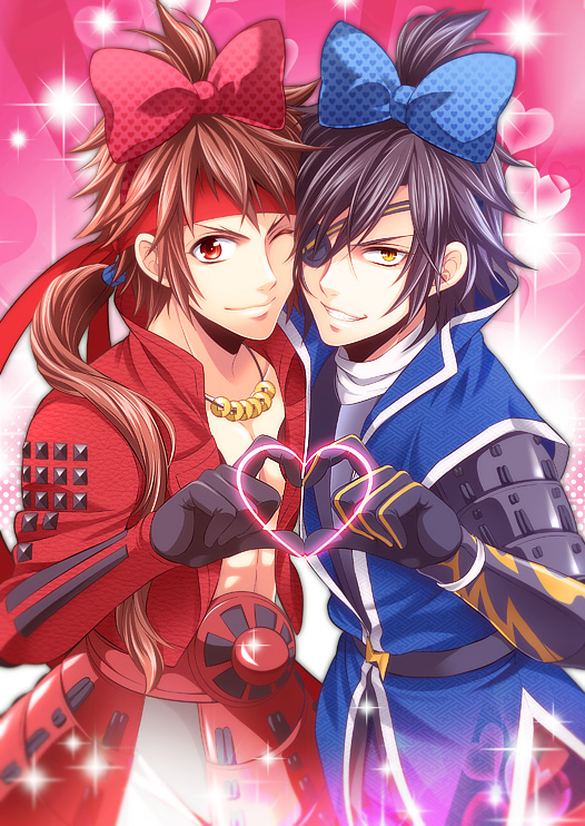 2boys black_hair blue_bow bow brown_hair cheek-to-cheek couple cowboy_shot date_masamune_(sengoku_basara) eyepatch grin hair_over_shoulder heads_together heart heart_hands heart_hands_duo jacket long_hair low_ponytail male_focus multiple_boys no_shirt one_eye_closed pink_background ponytail red_bow red_eyes red_jacket sanada_yukimura_(sengoku_basara) sengoku_basara short_hair smile v-shaped_eyebrows warabi_(waradoko) yaoi yellow_eyes