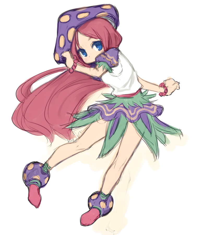 1girl blue_eyes breath_of_fire breath_of_fire_ii dress full_body hat long_hair looking_at_viewer mushroom_girl pink_hair simple_background skirt solo spar tonnyoriclayer white_background