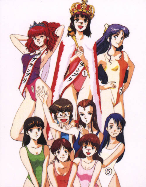 1980s_(style) 6+girls amano_kazumi arms_behind_head blue_hair brown_eyes brown_hair casual_one-piece_swimsuit competition_swimsuit crown glasses highleg highleg_one-piece_swimsuit higuchi_kimiko jung_freud legs long_hair mikimoto_haruhiko multiple_girls oldschool one-piece_swimsuit purple_hair red_hair retro_artstyle swimsuit takaya_noriko top_wo_nerae! top_wo_nerae!_(series)