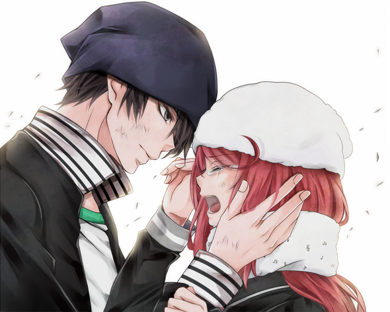 10s 1boy 1girl artist_request bad_id bad_pixiv_id ban_airi beanie black_hair couple crying devil_survivor_(series) devil_survivor_2 grey_eyes hand_on_another&#039;s_face hat jacket long_hair open_mouth popped_collar red_hair scarf school_uniform serafuku sidelocks simple_background torii_jungo white_background