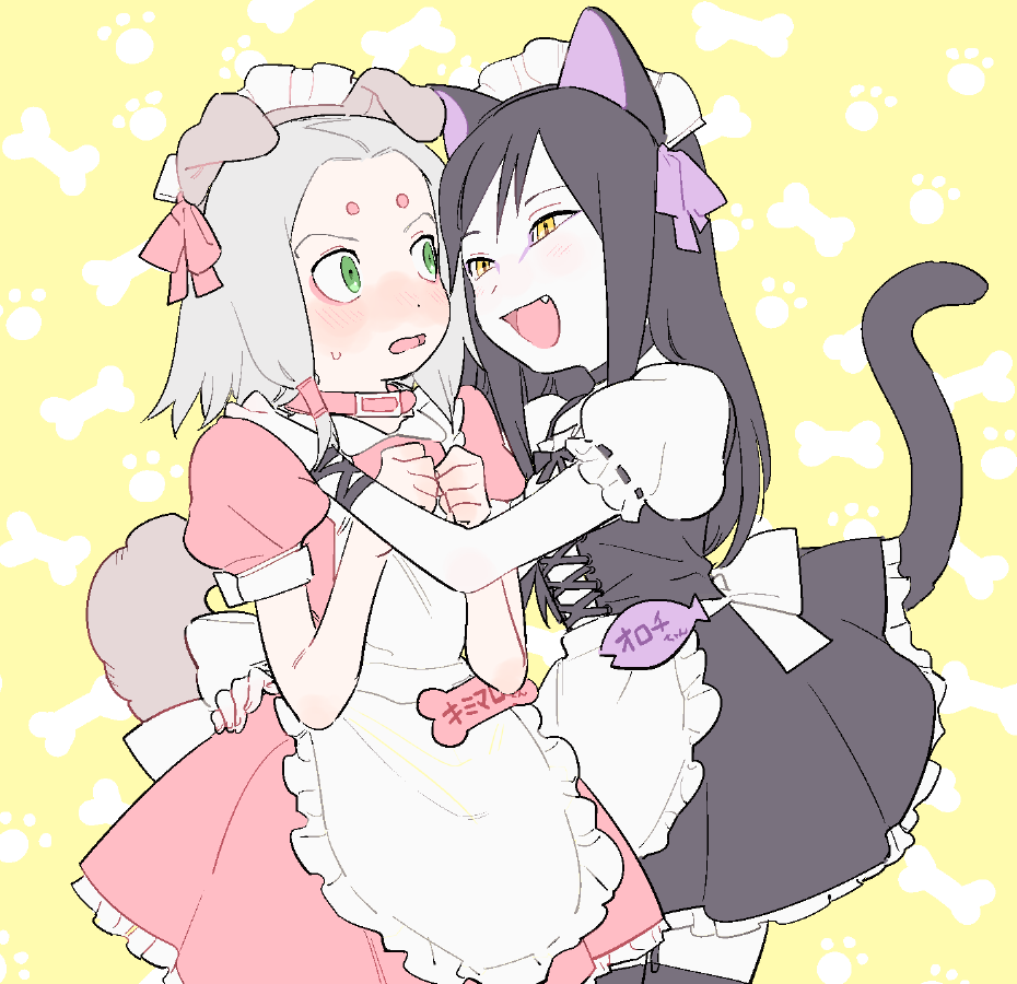 animal_ears apron arms_around_shoulders black_hair blush bone_print bow cat_boy cat_ears cat_tail collar corset crossdressing crossdressing_(mtf) dog_boy dog_ears dog_tail eyeliner facial_mark fang fish forehead_mark green_eyes grey_hair japanese_text kimimaro kutuyatti leggings long_hair looking_at_another maid_apron maid_headdress makeup multiple_boys naruto_(series) orochimaru_(naruto) paw_print slit_pupils smile sweat tail translated yellow_background yellow_eyes