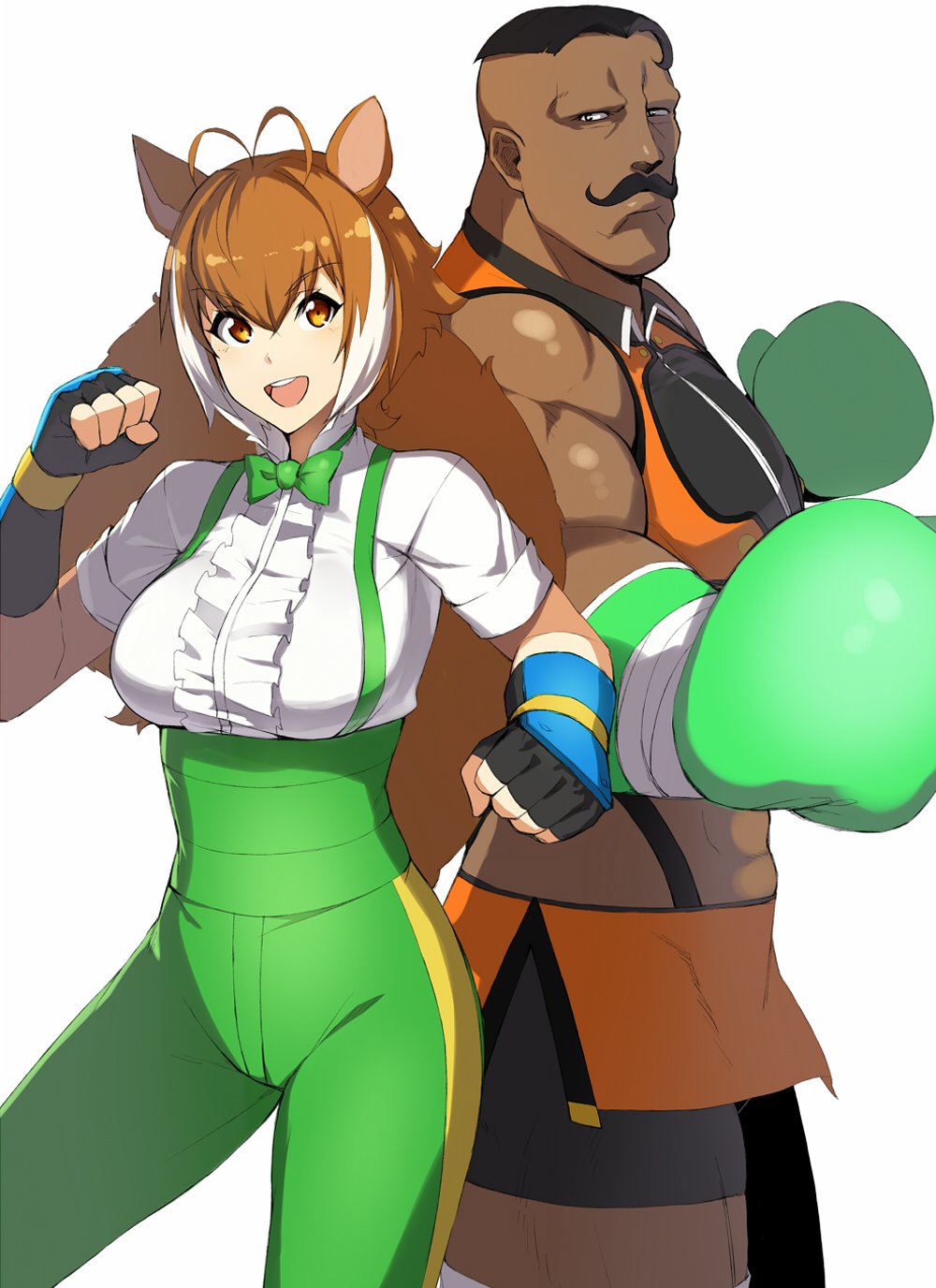 1boy 1girl animal_ears antenna_hair back-to-back bare_shoulders black_hair blazblue bow bowtie boxing_gloves breasts cosplay costume_switch crossdressing crossover dark-skinned_male dark_skin dress_shirt dudley dudley_(cosplay) facial_hair fingerless_gloves gloves highres large_breasts makoto_nanaya makoto_nanaya_(cosplay) manly multicolored_hair muscular mustache orange_skirt pants purinnssu sash shirt skirt squirrel_ears squirrel_tail street_fighter tail thighhighs two-tone_hair very_dark_skin what white_hair zettai_ryouiki