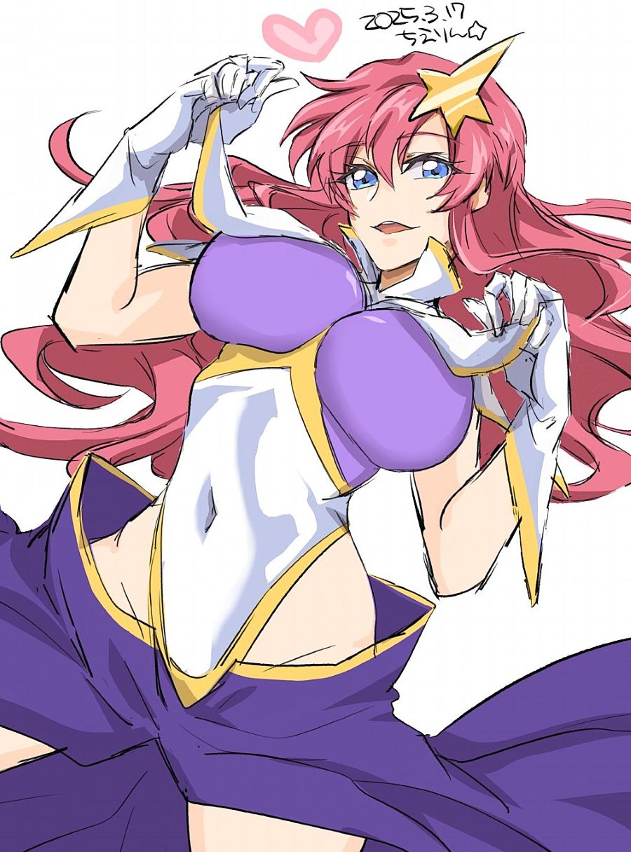 1girl blue_eyes breasts capelet commentary covered_navel dated gloves gundam gundam_seed gundam_seed_destiny hair_ornament heart highleg highleg_leotard highres impossible_clothes impossible_leotard large_breasts leotard long_hair meer_campbell multicolored_leotard open_mouth pink_hair purple_skirt simple_background skirt solo star_(symbol) star_hair_ornament symbol-only_commentary white_background white_capelet white_gloves white_leotard yanada_kiyorin