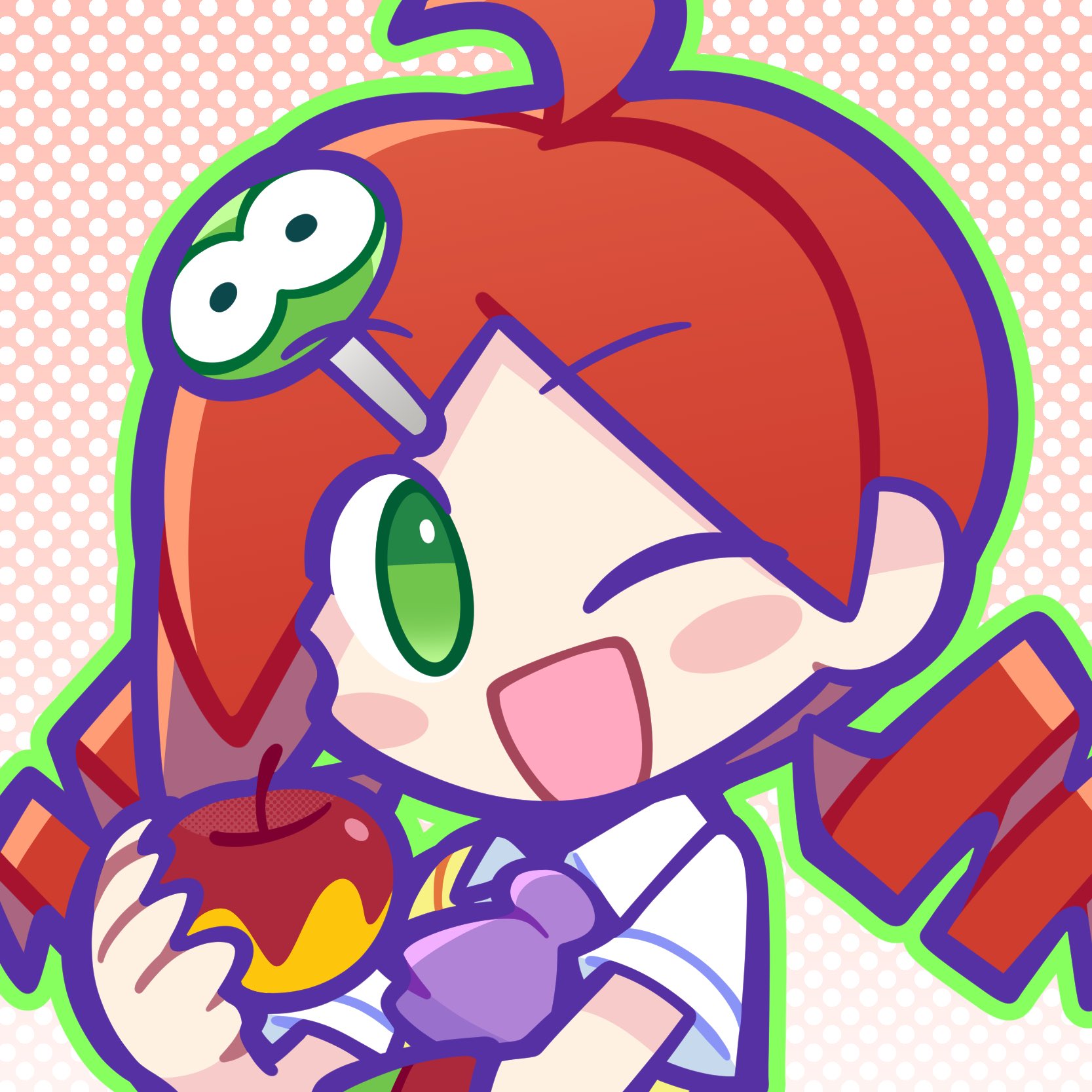 1girl :d ahoge andou_ringo apple armband blush_stickers character_hair_ornament chibi chibi_only collared_shirt drill_hair food fruit gradient_background green_eyes green_outline hair_ornament halftone halftone_background hands_up happy highres holding holding_food holding_fruit leslietheluna long_hair looking_at_viewer middle_part neckerchief no_nose no_pupils open_mouth outline portrait purple_neckerchief puyopuyo puyopuyo_20th_anniversary red_armband red_background red_hair shirt sideways_glance smile solo sweater_vest twin_drills two-tone_background white_background white_shirt wing_collar yellow_sweater_vest
