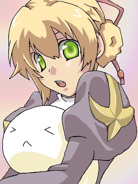 &gt;_&lt; 1girl blonde_hair commentary_request double_bun dress food green_eyes grey_dress hair_bun juliet_sleeves long_sleeves looking_at_viewer mochi open_mouth pink_background piyoko_(mofumofuutacyan) priest_(ragnarok_online) puffy_sleeves ragnarok_online short_hair solo upper_body