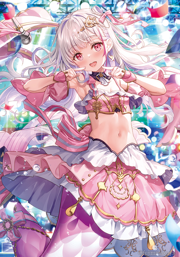 1girl :d bare_shoulders breasts cardfight!!_vanguard character_request cleavage commentary_request detached_sleeves fingers_to_cheeks frilled_skirt frills fujima_takuya hair_intakes head_tilt long_hair looking_at_viewer mermaid monster_girl multicolored_hair navel open_mouth pink_skirt pink_sleeves puffy_short_sleeves puffy_sleeves red_eyes red_hair short_sleeves skirt small_breasts smile solo streaked_hair very_long_hair white_hair wide_sleeves