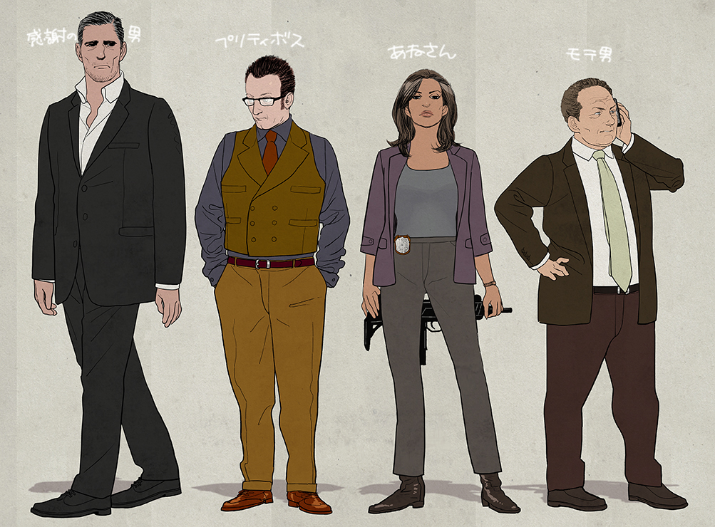 1girl 3boys balding beard_stubble black_hair black_suit brown_hair dark-skinned_female dark-skinned_male dark_skin facial_hair formal_clothes full_body glasses grey_background grey_hair gun hair_slicked_back hand_on_own_hip hands_in_pockets harold_finch_(person_of_interest) holding holding_gun holding_phone holding_weapon jacket john_reese_(person_of_interest) joss_carter lionel_fusco looking_at_viewer mature_female mature_male medium_hair multicolored_hair multiple_boys necktie person_of_interest phone police_badge rectangular_eyewear red_necktie short_hair sideburns simple_background streaked_hair stubble suit tabomi translated vest waistcoat weapon