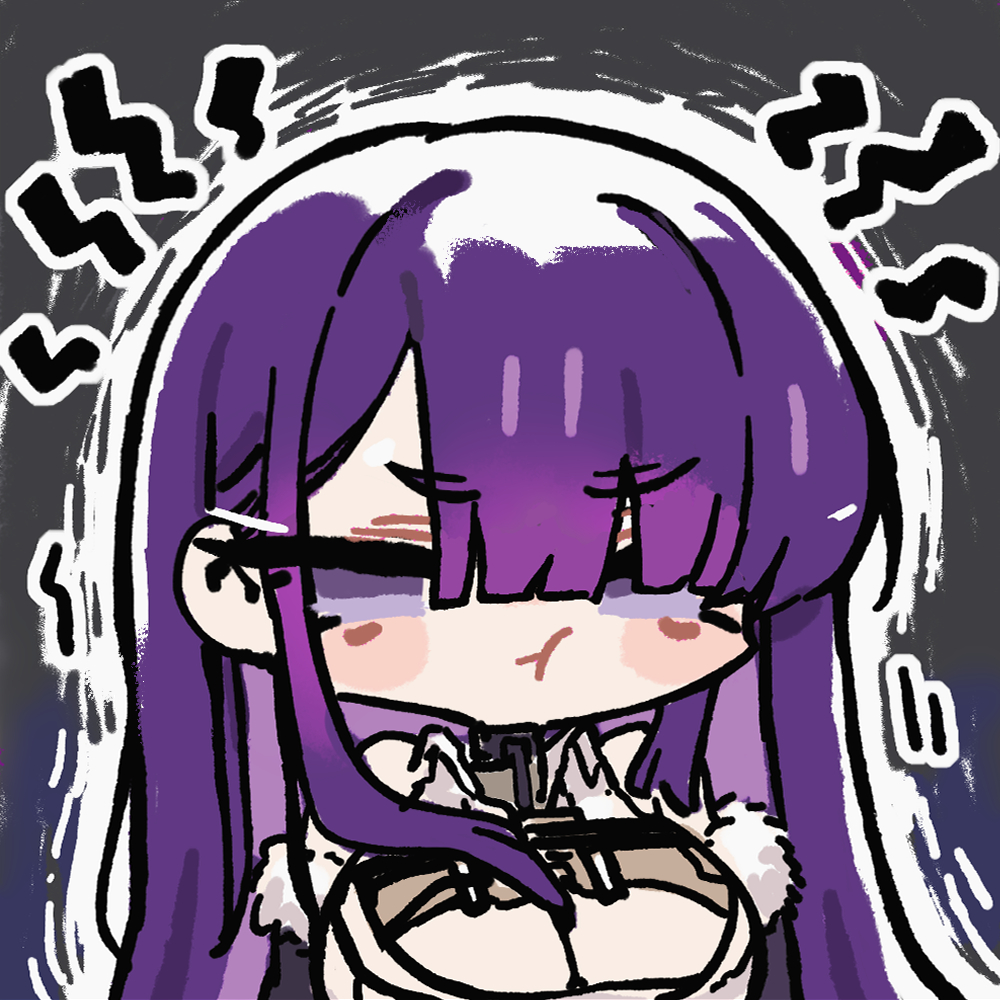 1girl chibi chibi_only chinese_commentary cleavage_cutout clothing_cutout cui_pi_zha_xia_qiu furrowed_brow girls&#039;_frontline girls&#039;_frontline_neural_cloud official_art pout purple_eyes purple_hair sangoma_(neural_cloud) second-party_source solo
